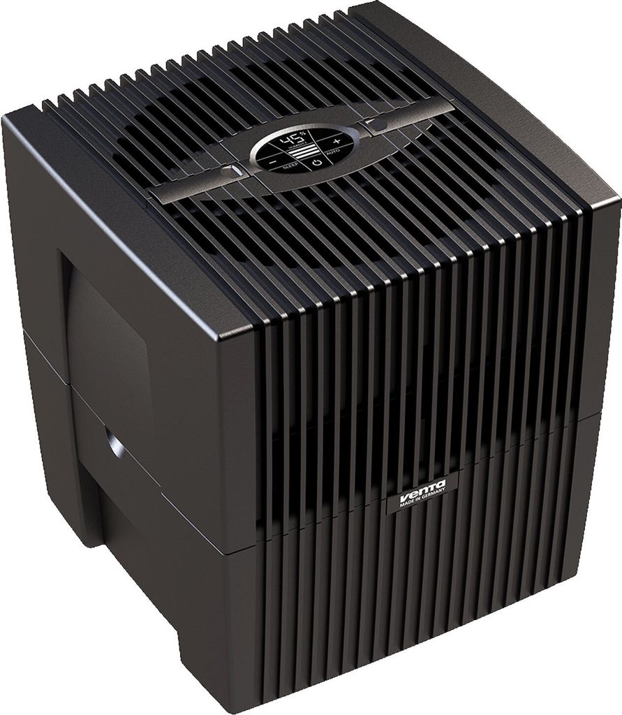 A black Venta air washer is shown from a three-quarter angle on a white background.