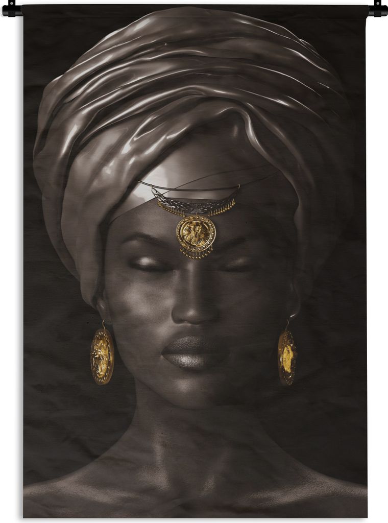 MuchoWow Wandteppich Wandbehang Frau - Afrika - Schwarz - Gold 60x90 cm Tapisserie Dekoration Wandtuch - Foto-Teppich - Abwaschbar