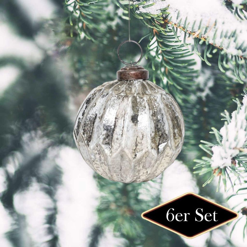 Premium Weihnachtskugel Silber patiniert, geriffelt – handgemacht Indien, 8 cm