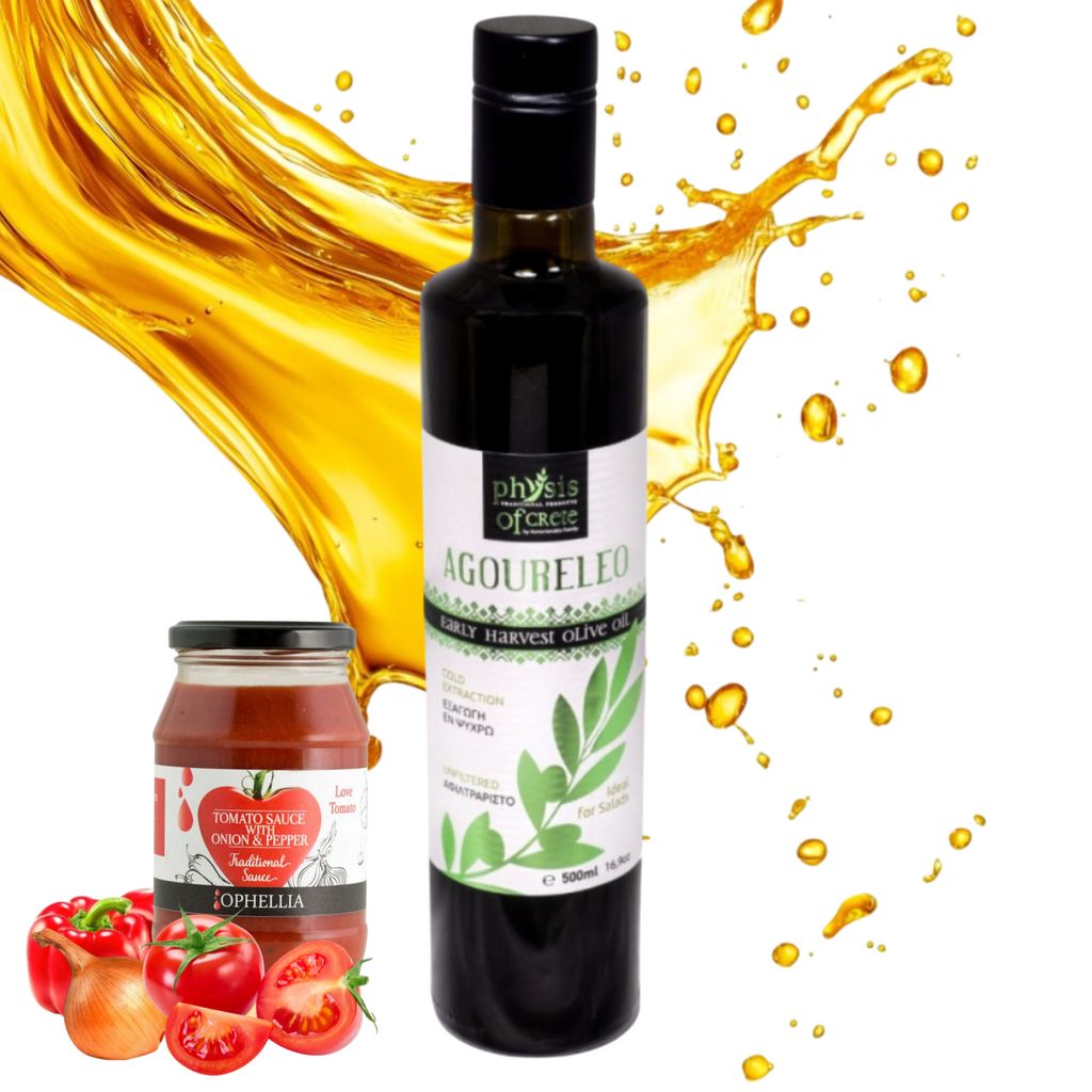 Physis of Crete, Ungefiltertes Olivenöl 500ml, Polyphenolen + Griechische Tomatensauce mit Paprika & Zwiebeln