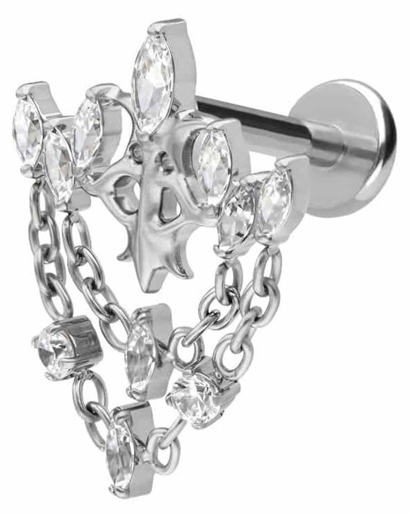 Ohrpiercing, Nasenpiercing Titan Labret mit Push Fit GOTISCHE KRONE + KETTEN Silber Stablänge: 10mm | Stabstärke: 1,2mm
