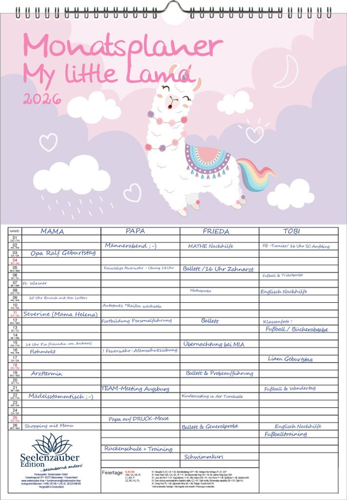 My little Lama Planer Familienplaner 4 Spaltenplaner DIN A3 Kalender für 2026 Lama Alpaka - Seelenzauber