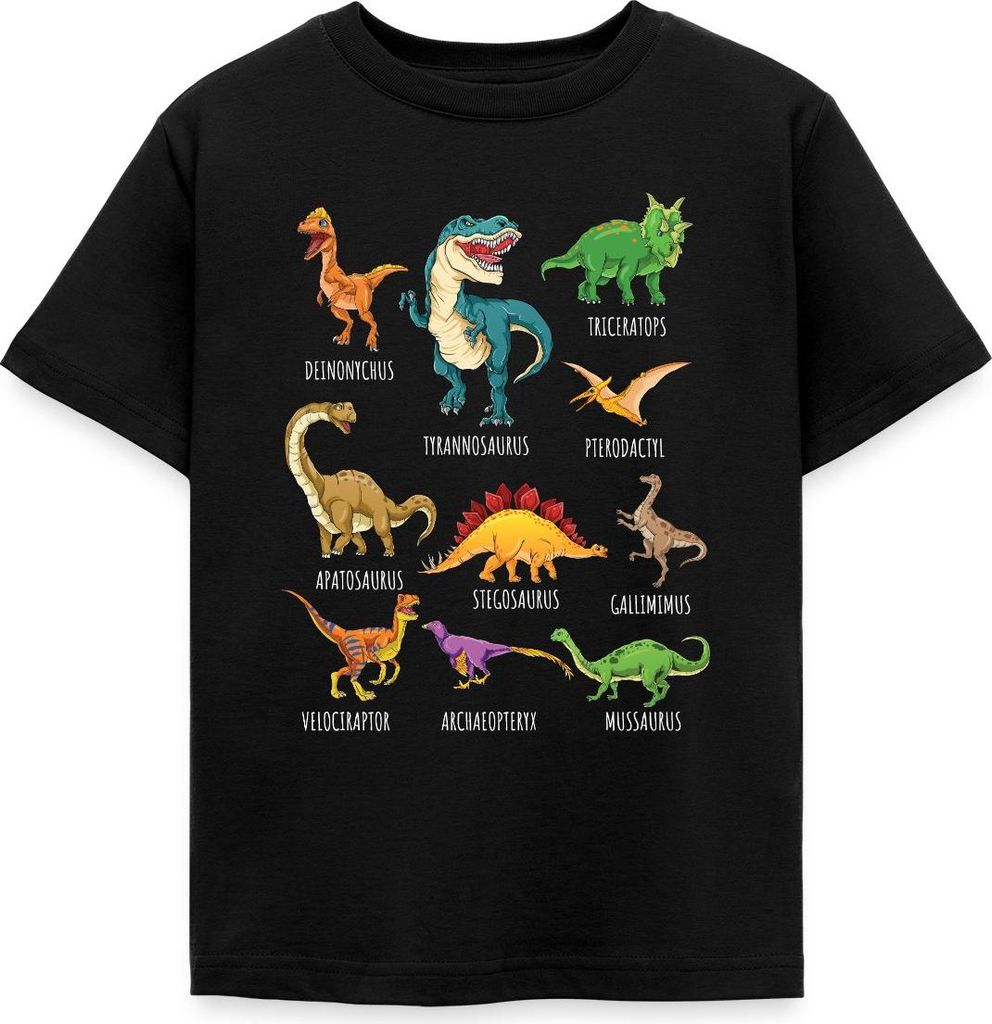 Spreadshirt Dinosaurier Arten Übersicht Dino T-Rex Comic Kinder T-Shirt, 98/104 (3-4 Jahre), Schwarz