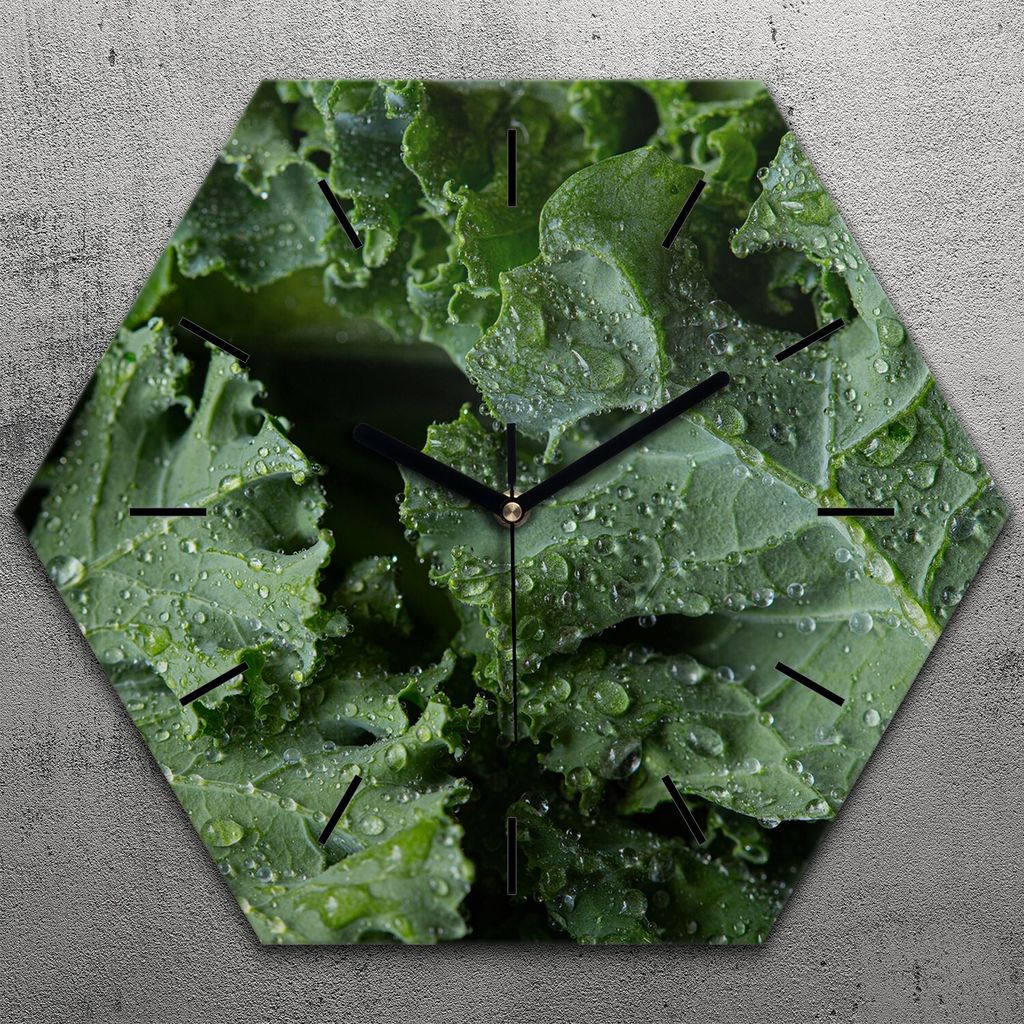 Uhr hexagonal 40 cm Glas Geräuschlos schwarze Zeiger - Salat Blätter
