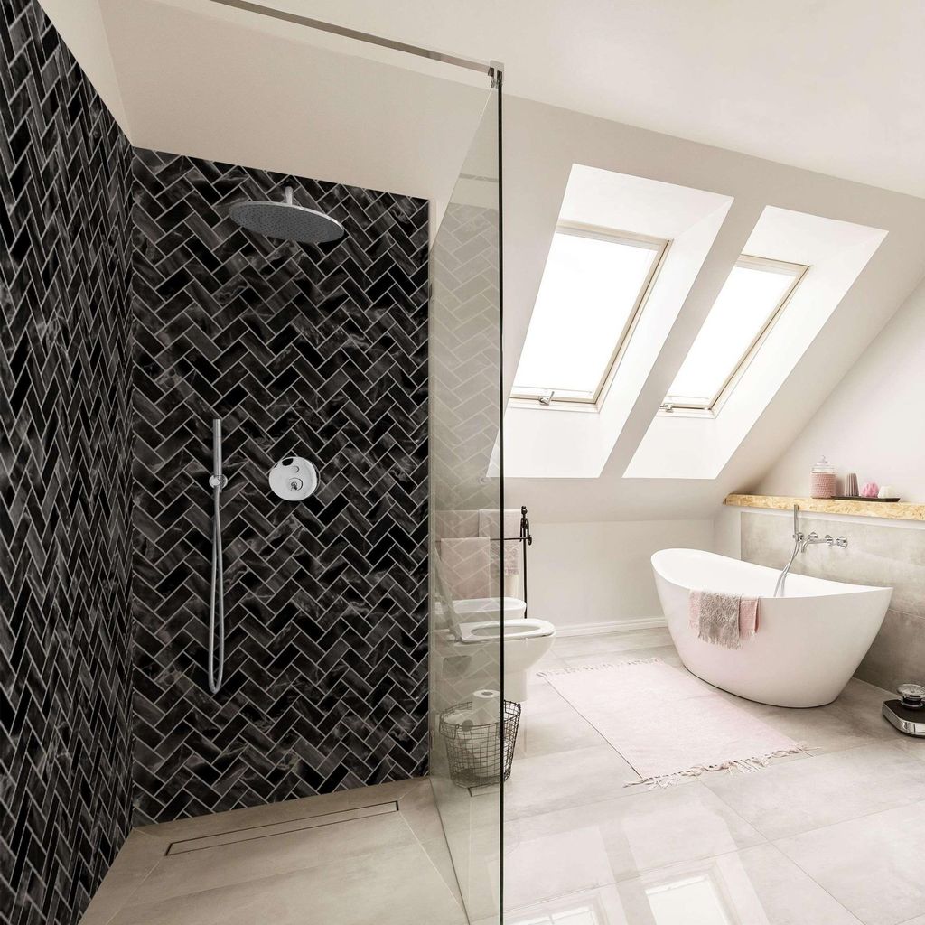 Duschrückwand mit Motiv selbstklebend - 0.35 mm Wandpaneel wasserfest Design schwarz Fliesenoptik Badrückwand fugenlos Smart matt 80x200 cm