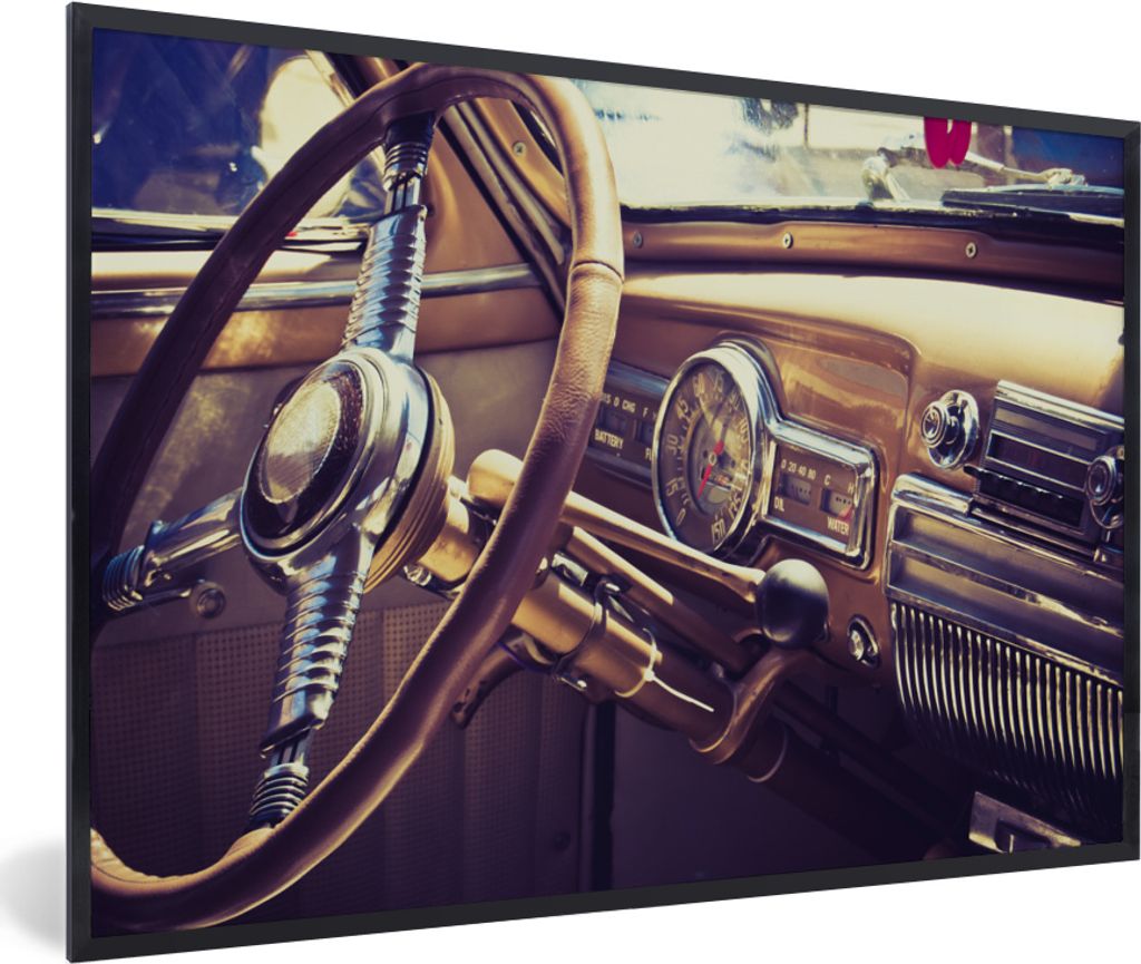 MuchoWow MuchoWow Gerahmtes Poster Mancave - Auto - Vintage - Lenkrad 60x40 cm - Poster mit zchwarzem Bilderrahmen - Printing - Wanddeko Schlaf...