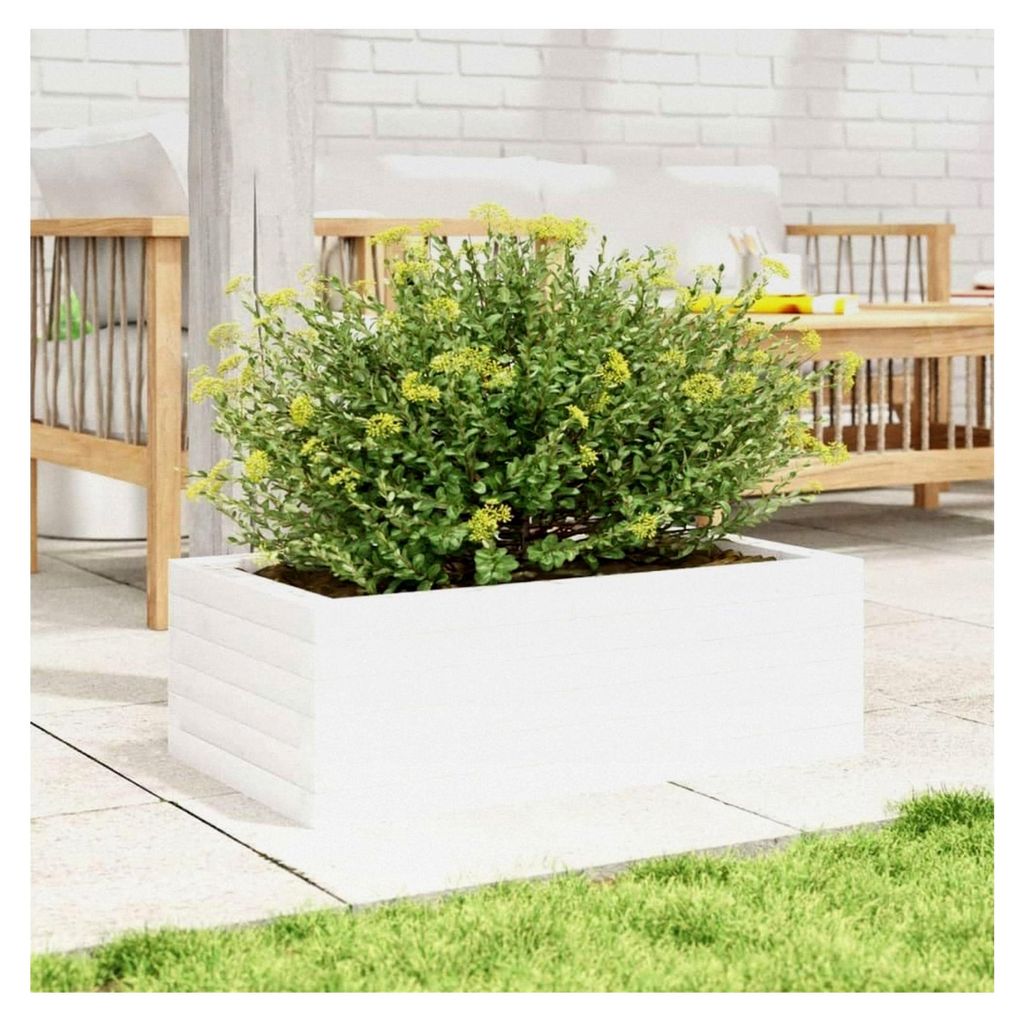 Blumenkasten, weiß, 70 x 40 x 23 cm, Kiefernholz, Hochbeet, Pflanzgefäß für Blumen und Sukkulenten, Terrasse und Balkon