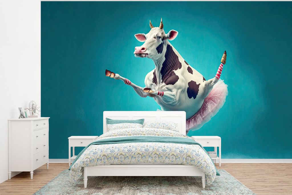 MuchoWow Fototapete für Wohnzimmer oder Schlafzimmer Wandtapete Vinyl Motivtapete Kuh - Ballett - Porträt - Blau - Tiere - Kind - 350x260 cm - ...