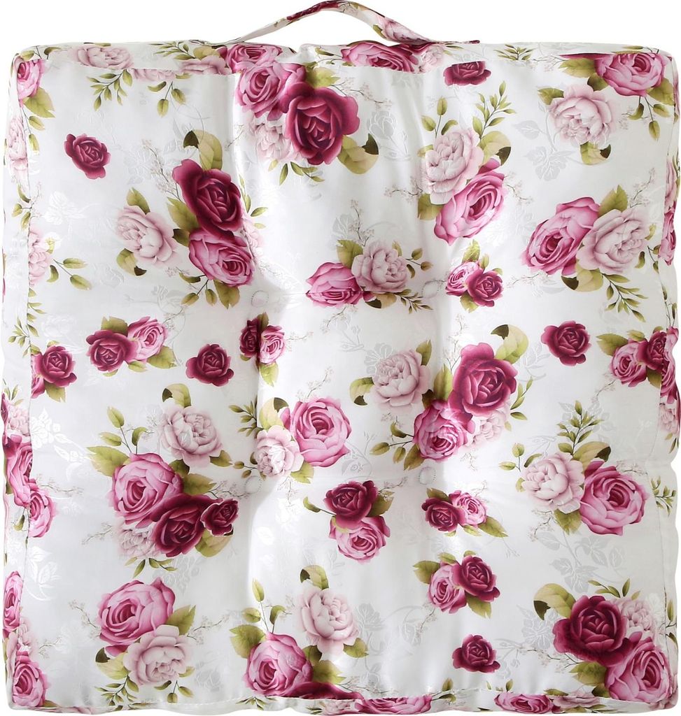 A square cushion with a floral rose pattern on a white background.