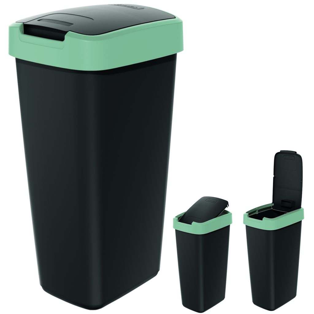 A product shot of a black trash can with a green rim and lid, shown from multiple angles.