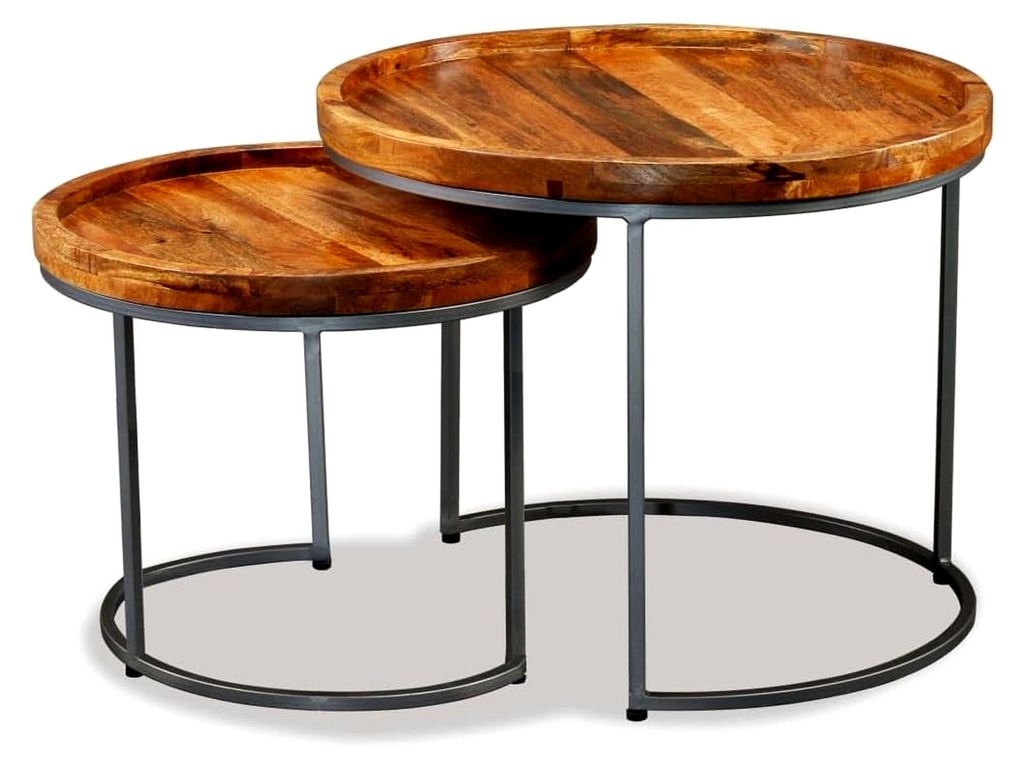 Beistelltisch Set 2er aus massivem Mangoholz 55 cm Couchtisch im Industrie Vintage Stil mit Metallgestell, platzsparend und stapelbar für Wohnzimm...