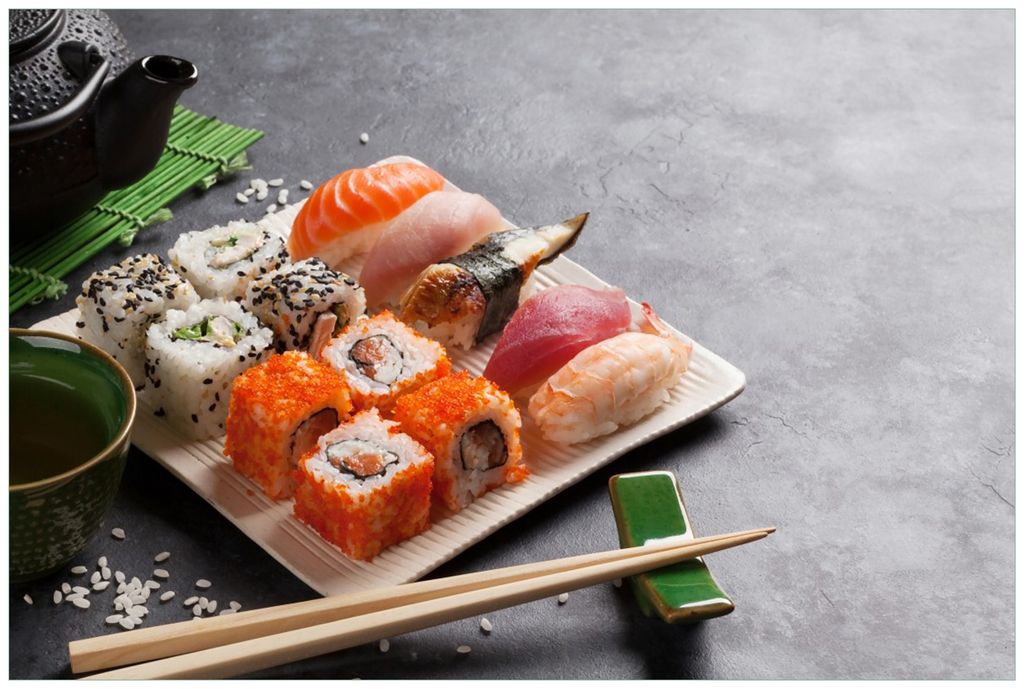 Wallario Wandbild aus Acryl, 90 x 60 cm, freischwebende Optik - Sushi-Menü mit grünem Tee