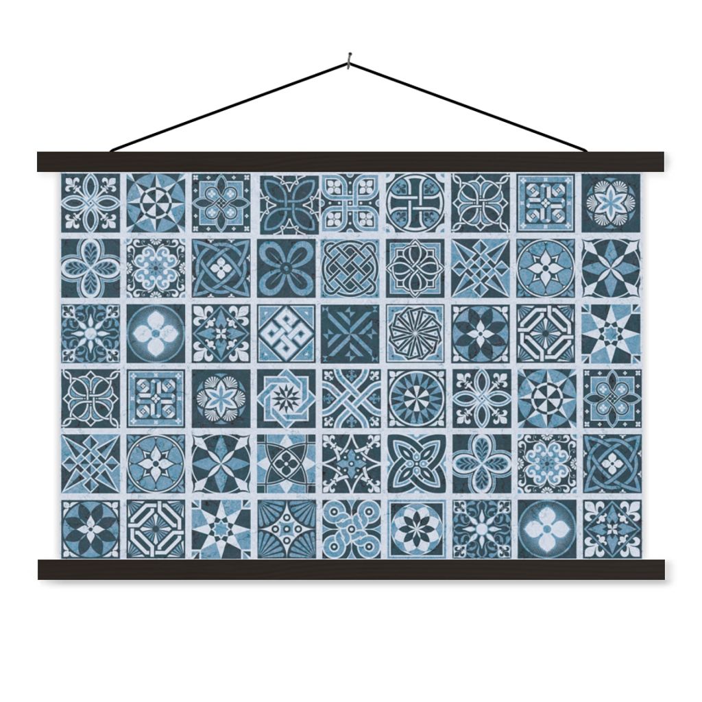 MuchoWow Textilposter Blumen - Blau - Muster - Figuren 120x80 cm mit schwarzem Rahmen - Wanddeko