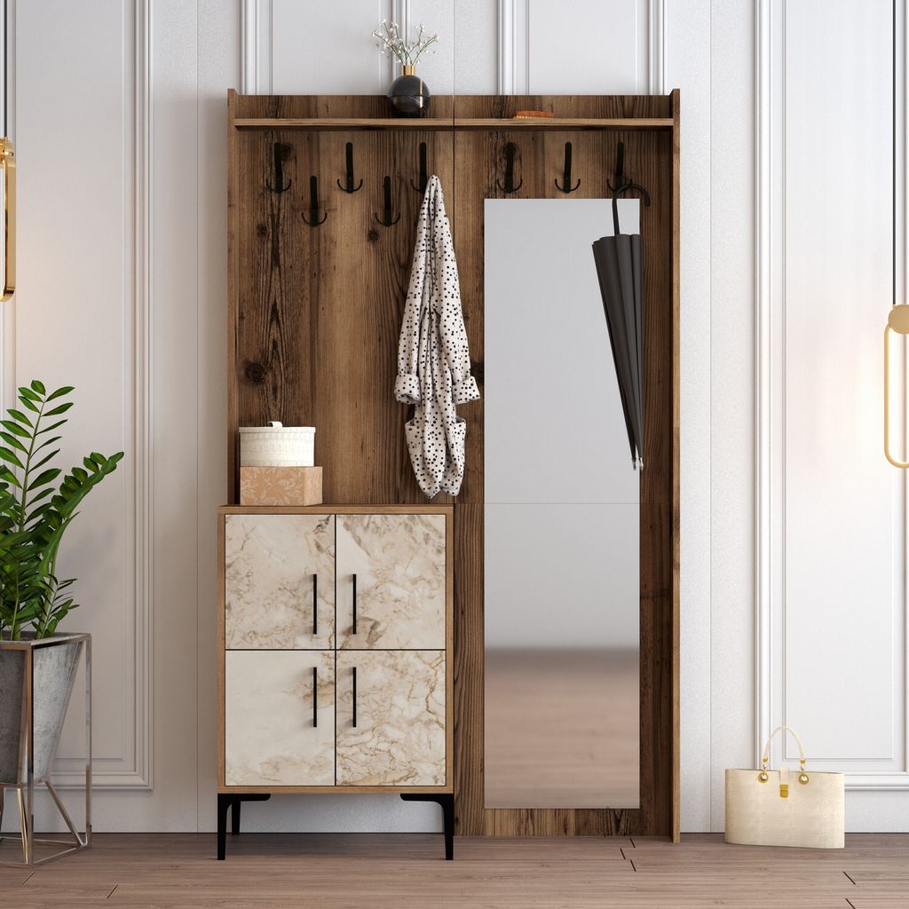 Skye Decor, Berlin BC - Walnut, White Marble, Hallenstand, Nussbaum, 100 % MELAMINBESCHICHTETE SPANPLATTEN, 120 x 35 x 200 cm
