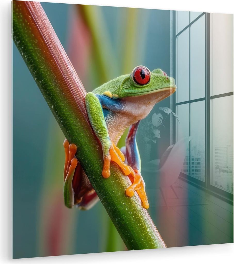 MuchoWow Glasbilder - Bilder auf Wandbild - Foto auf Glas Bunter Frosch - Grüner Stiel - Alert 90x90 cm Wanddekoration aus Glas - Acrylglasbild - ...