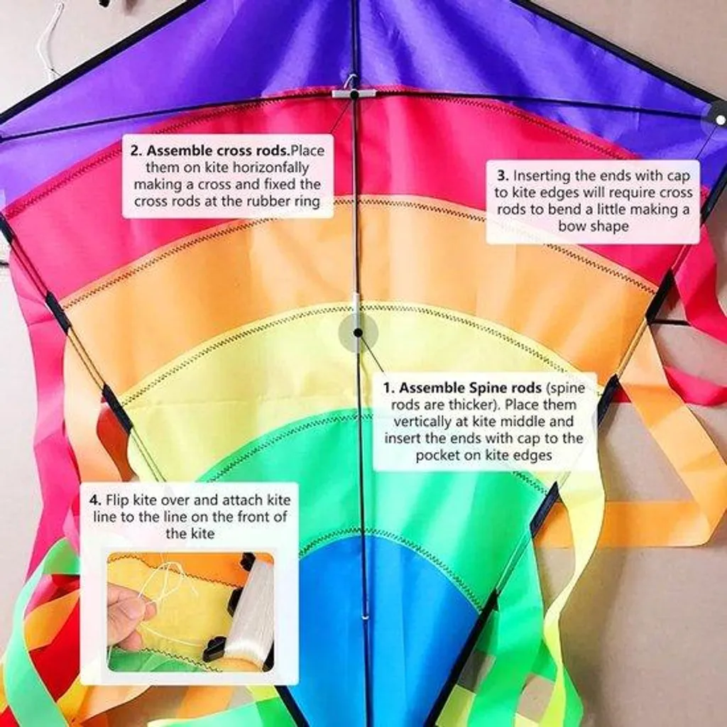 Cerf-volant enfant robuste arc-en-ciel 120cm avec longue ligne de vol