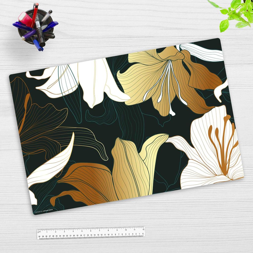 Schreibtischunterlage – Lilien in gold und grün – 60 x 40 cm – aus Premium Vinyl – Germany