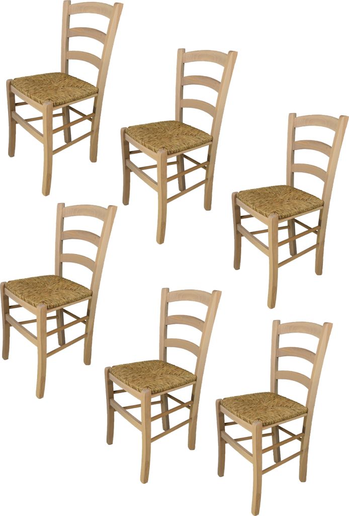 Tommychairs - 6er Set Stühle VENEZIA, Struktur aus poliertem Buchenholz, unbehandelt und 100% natürlich, Sitzfläche aus echtem Stroh
