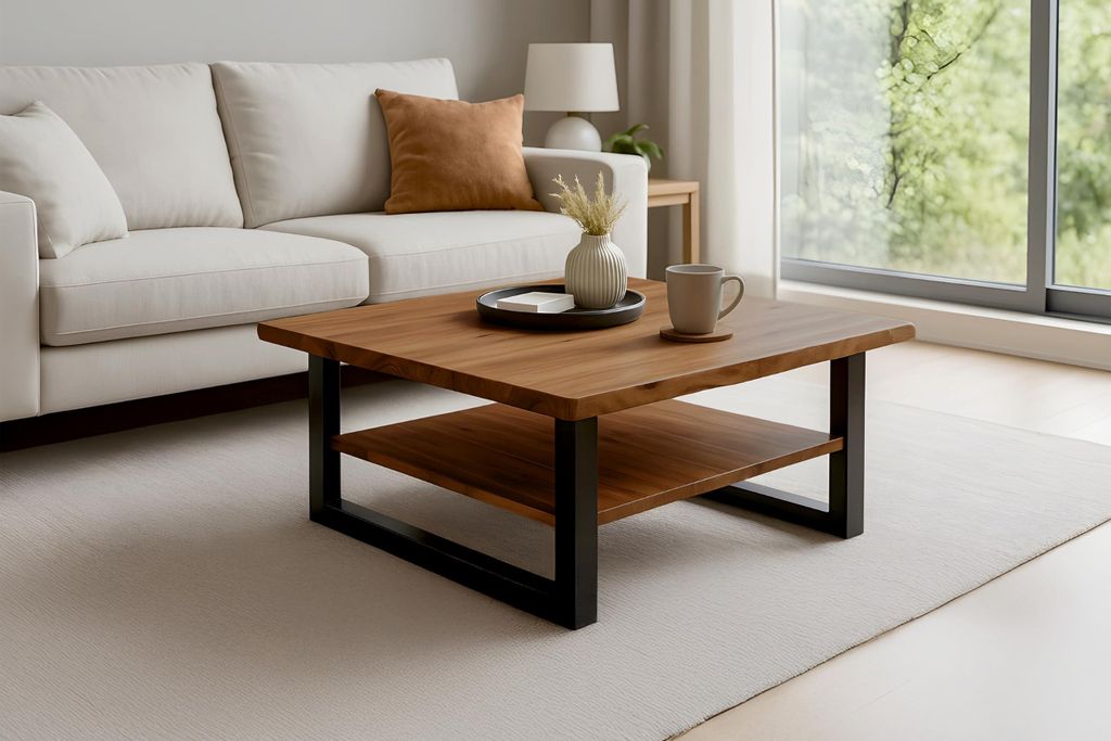 Couchtisch 90x90cm Patrick, Sofatisch mit Ablage, Akazienholz massiv + honigfarben, Beistelltisch mit schwarzem U-Metallgestell, echte Baumkante