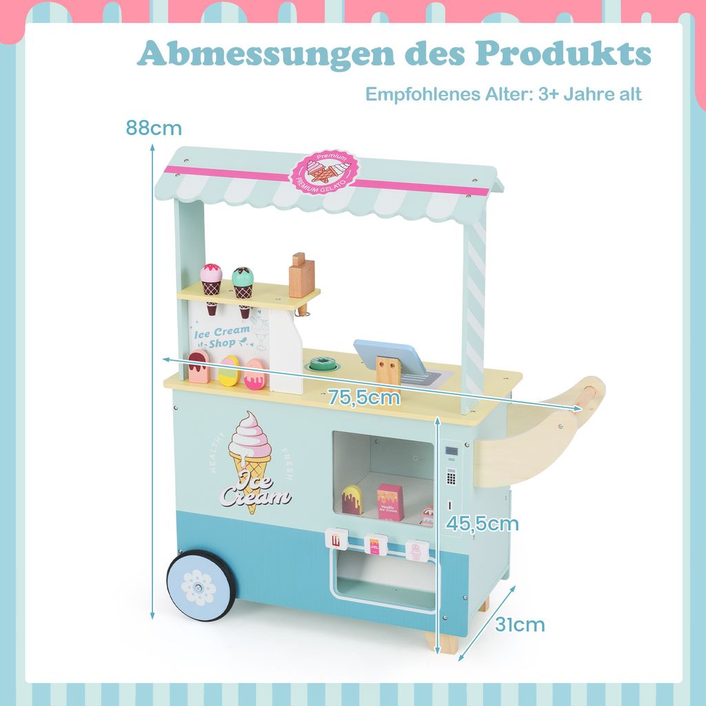 Einkaufsladen Kinder DREAMADE Kinder Eiswagen Mit 15 Zubehör, Kaufladen Aus Holz Mit 2 Rädern & Markise, Eisstand Einkaufsladen Für Kinder Ab 3 Jahren (Rosa Eiswagen Kinder Holz