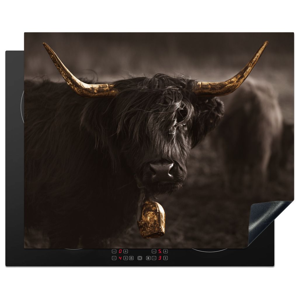 KitchenYeah Herdabdeckplatte Schottischer Highlander - Gold - Kuhglocke - Hörner - Tiere , 65x52cm, Küche Deko, Glaskeramikkochfeld Herdabdecku...