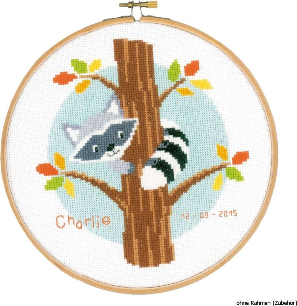 Auslaufmodell Vervaco Stickpackung mit Stickrahmen Zählmuster "Waschbär im Baum"