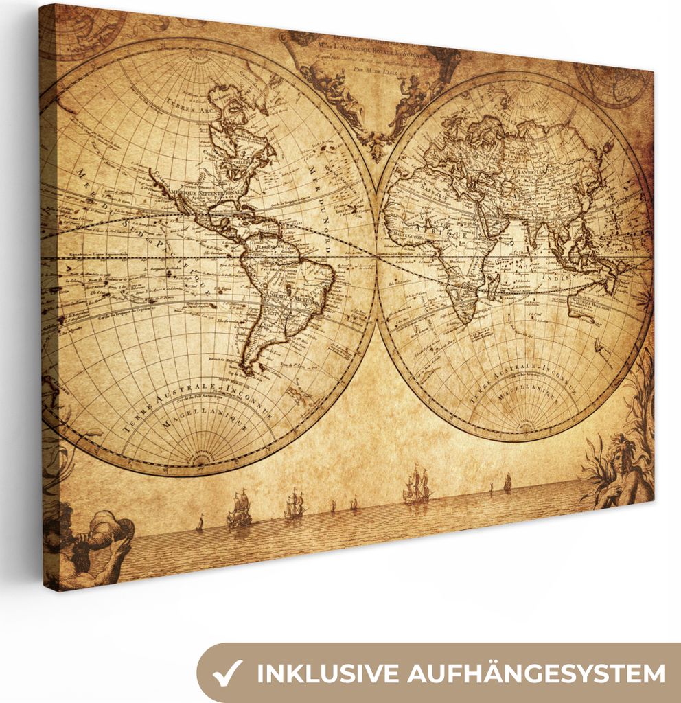 OneMillionCanvasses - Leinwandbilder - 150x100 cm, Weltkarte - Antik - Vintage - Kind - Junge - Mädchen, Wandbilder Kunstdruck Wanddekoration