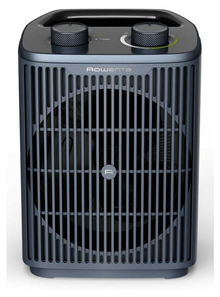 A dark blue Rowenta electric heater is shown against a light gray background.