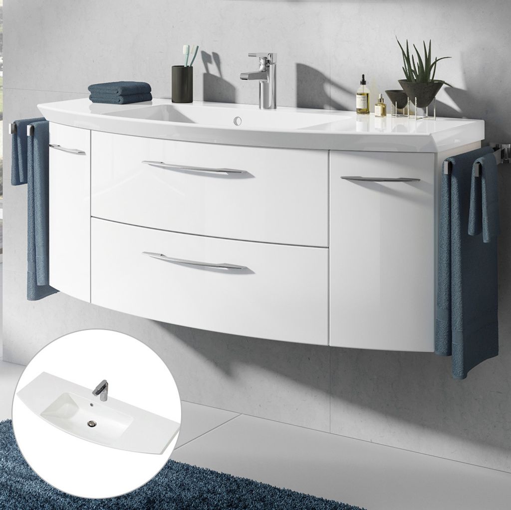 Waschtischunterschrank 121cm inkl. Waschbecken CERVIA-66 in Hochglanz weiß, B/H/T: 121/48/50,5 cm