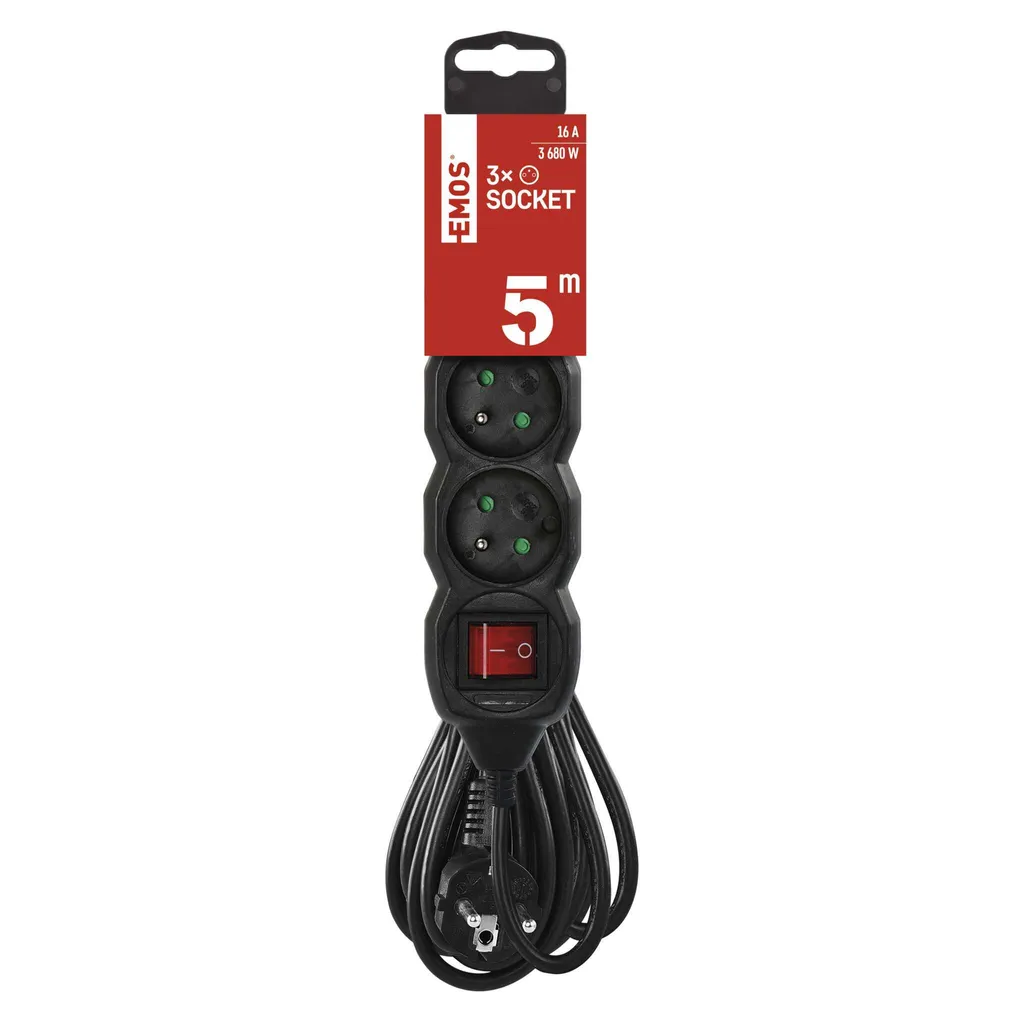 Prolunga Nera 5m EMOS PC1315R: 3 Prese Schuko 16A per Uso Domestico