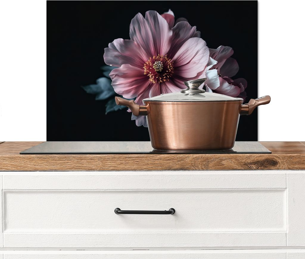 KitchenYeah Spritzschutz Küche - Küchenrückwand - Wandschutz für Herd und Spüle - Blume - Rosa - Natur 60x40 - Alu-Dibond (Alternative zum ...