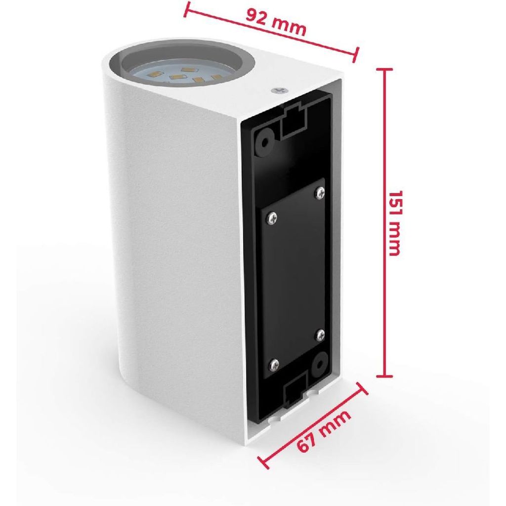 A white outdoor wall light with dimensions indicated.