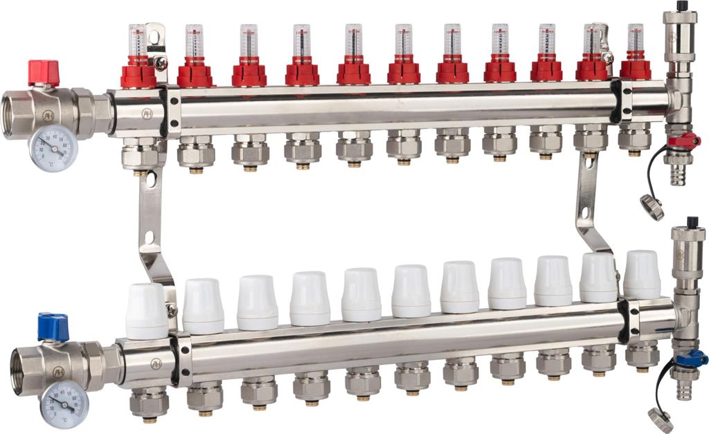 AQUA HEATING Heizkreisverteiler Für Fußbodenheizung 11 Heizkreise 10 Bar Verteiler Set Gerades Ventil PEX Verbinder