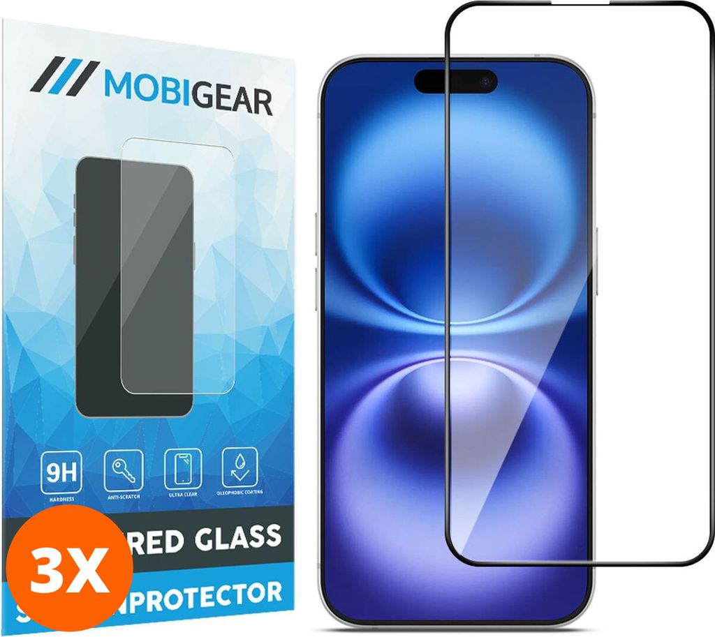 Mobigear Premium iPhone 16 Panzerglas Gehärtetes Glas Displayschutz - Hüllenfreundlich - Schwarz (3er Pack)
