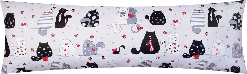 Baumwoll Renforcé Seitenschläferkissen Bezug 40x145cm - Katzen mit Pfoten, Sternen und Herzen in grau, schwarz und rot - 100% Baumwolle Stillkiss...