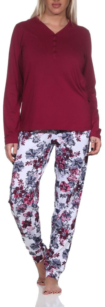 Damen Schlafanzug langarm Pyjama in floralem Design auch in Übergrössen ; beere , 36