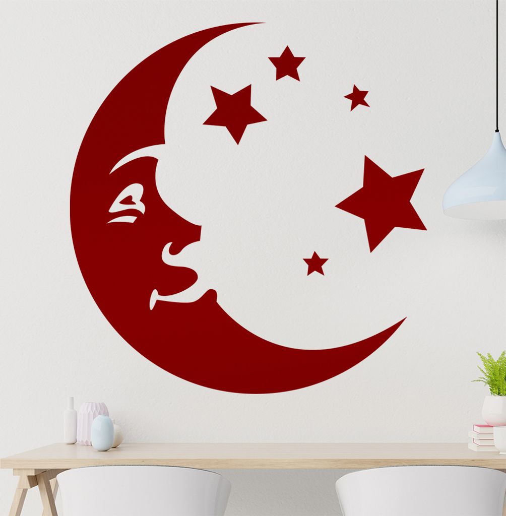 Mondgesicht und Sterne Wandtattoo in 6 Größen - Wandaufkleber Wall Sticker - Dekoration, Küche, Wohnzimmer, Schlafzimmer, Badezimmer