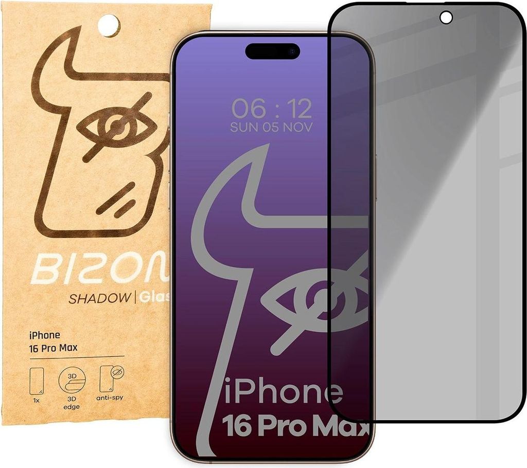 Bizon Glass Edge Shadow Privacy Panzerglas für iPhone 16 Produktbild 