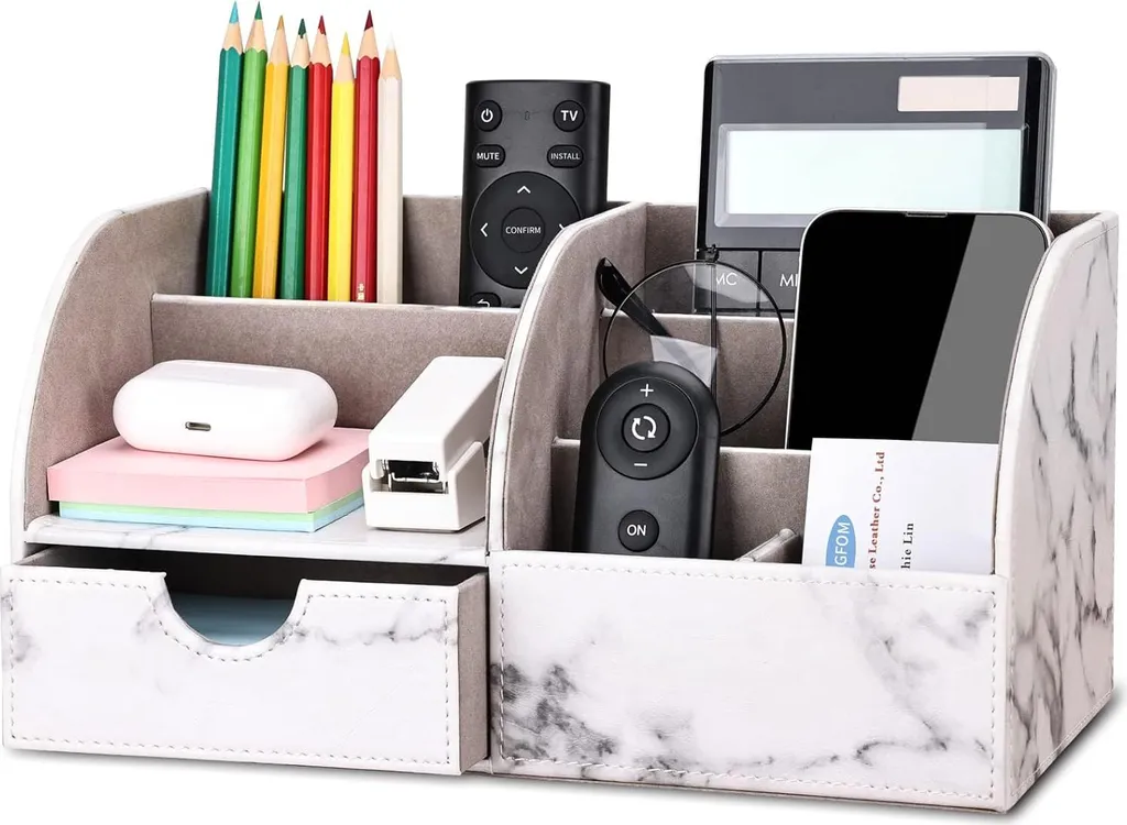 Organiseur de Bureau en Marbre Gris avec 6 Casiers et Tiroir de Stockage