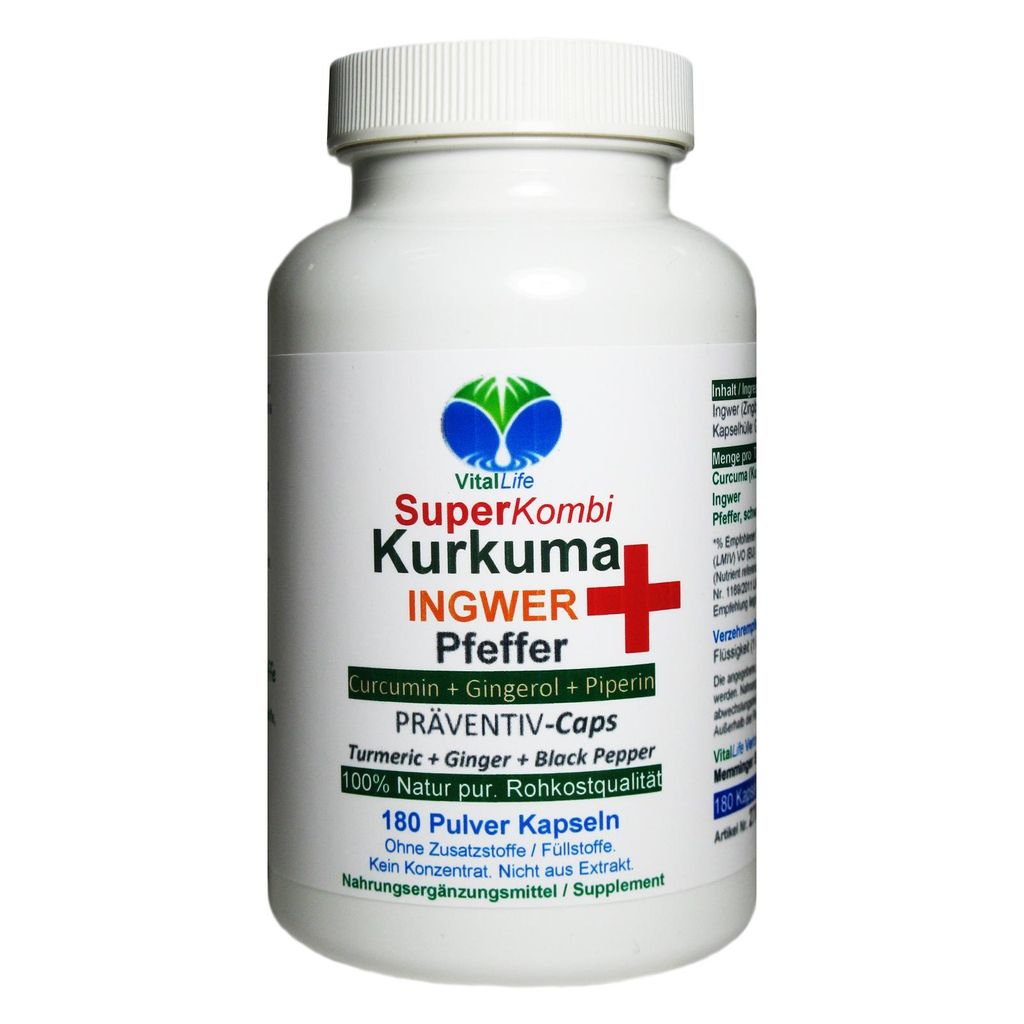 SuperKombi Kurkuma, Ingwer + Pfeffer 180 Pulver Kapseln Curcumin & Gingerol & Piperin NATUR Pur - OHNE Zusatzstoffe.