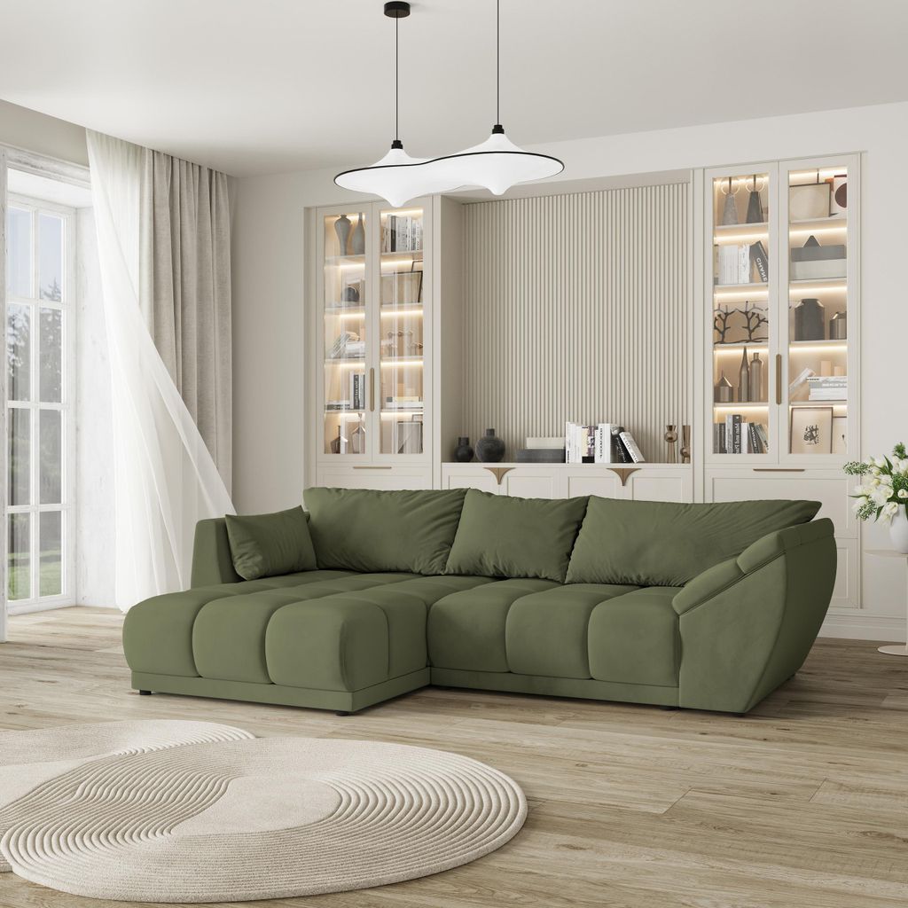 Masseno Ecksofa ORENTI L-S mit Schlaffunktion L-Form, Sofa mit Bettkasten, Wohnzimmersofa, Couch, Soffa, Bettsofa, Couchgarnitur- Grün, MATT VELVE...