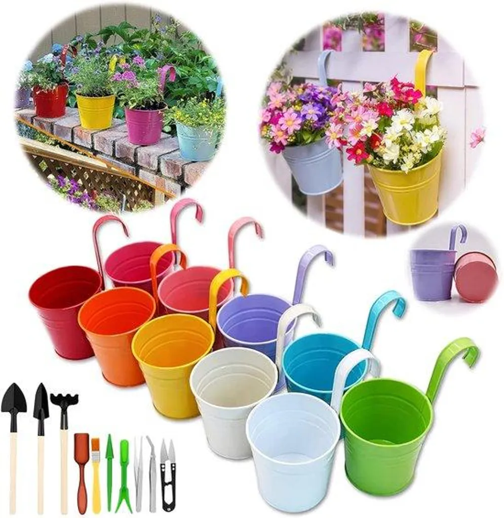 Kit pot de fleurs aromatiques pour balcon - 10 pots métal avec crochet