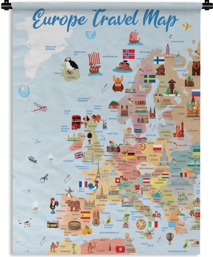 MuchoWow Wandteppich Wandbehang Karte - Europa - Reisen 90x120 cm Tapisserie Dekoration Wandtuch - Wanddeko