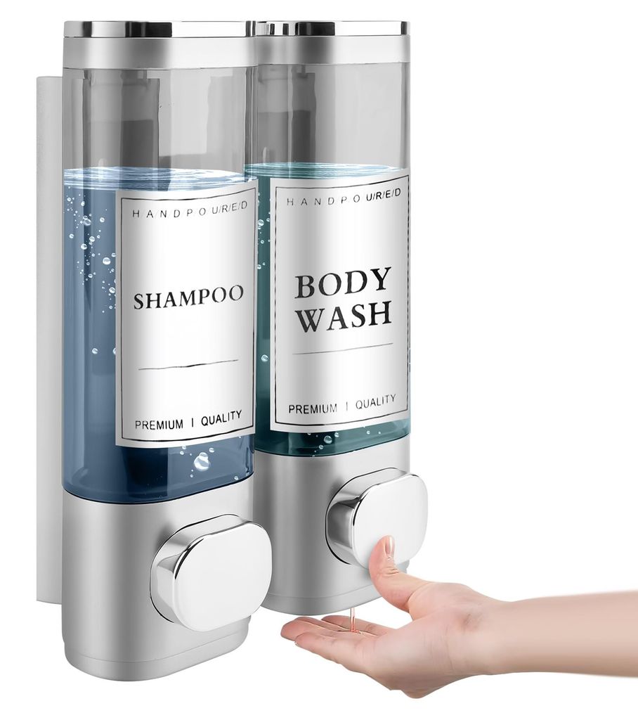 Wandmontierter Seifenspender, Duschgelspender mit 2 Fächern, Handseifenspender, ABS, bohrfreies Set für Hotel und Zuhause, 300 ml * 2 (silber)