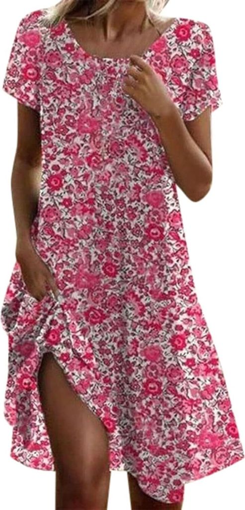 ASKSA Damen Sommerkleid Laessig Sommer Boho Kleid Elegant Blumendruck Maxikleid Kurzarm A-Linie Strandkleid (Rosa,M)
