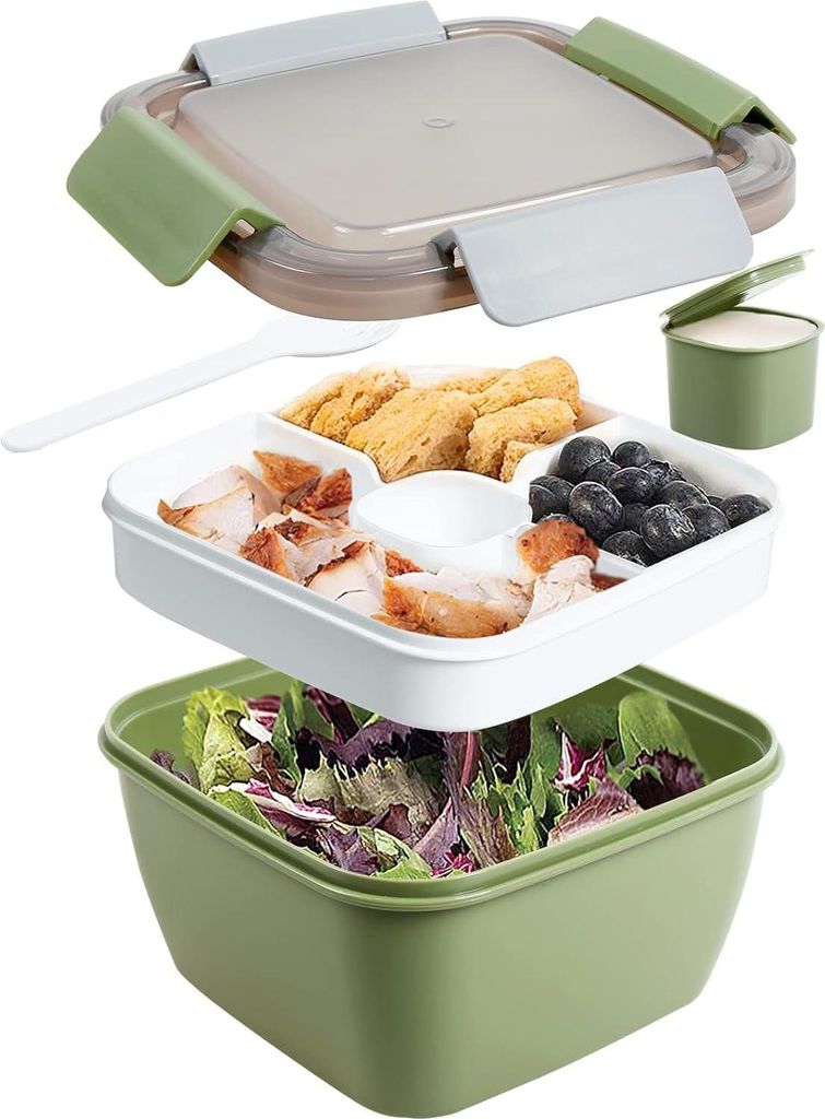 Lunchbox Auslaufsichere Bento Box mit 1 Gabel, Salatbehälter mit Dressingbehälter, 3 Fächer Salatbox-to-go für Schule,Arbeit,Picknick, Reisen,C...