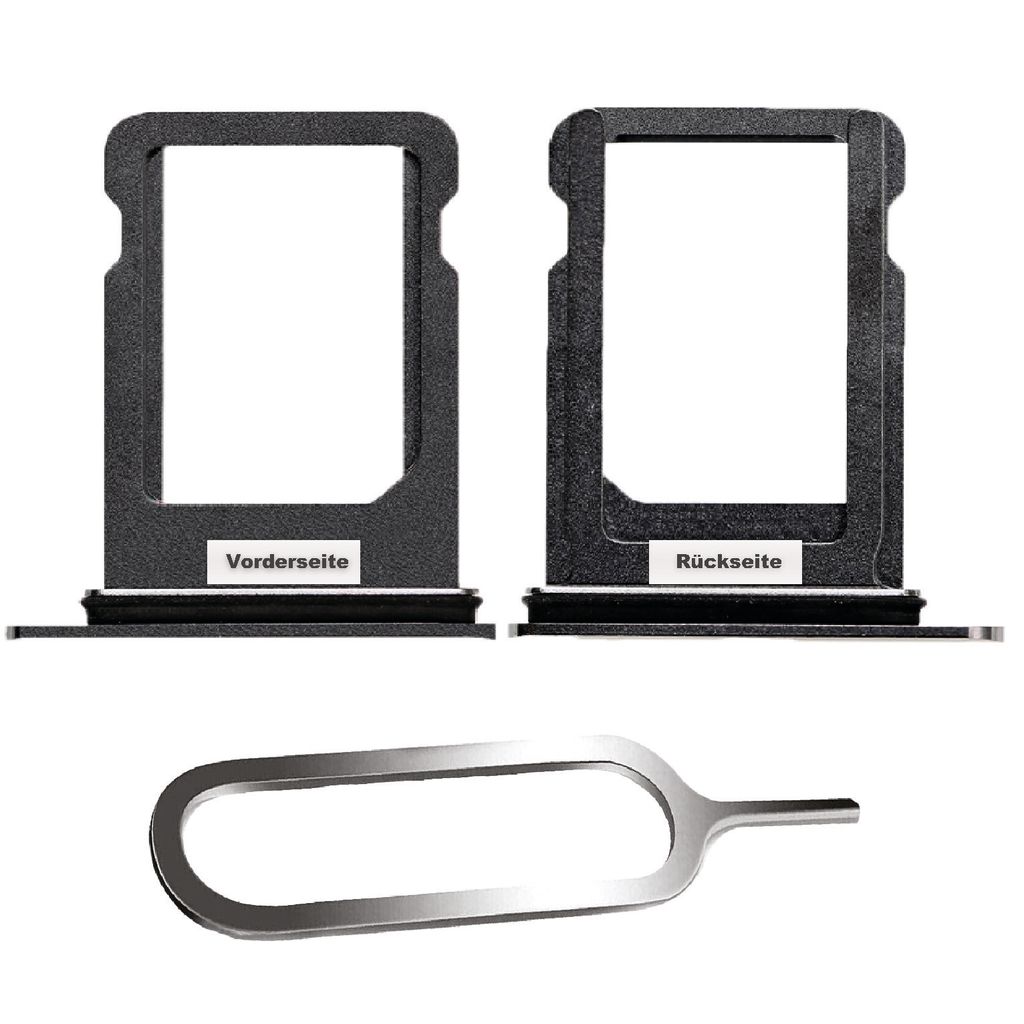 Two SIM card trays and a SIM ejector tool are displayed against a white background.