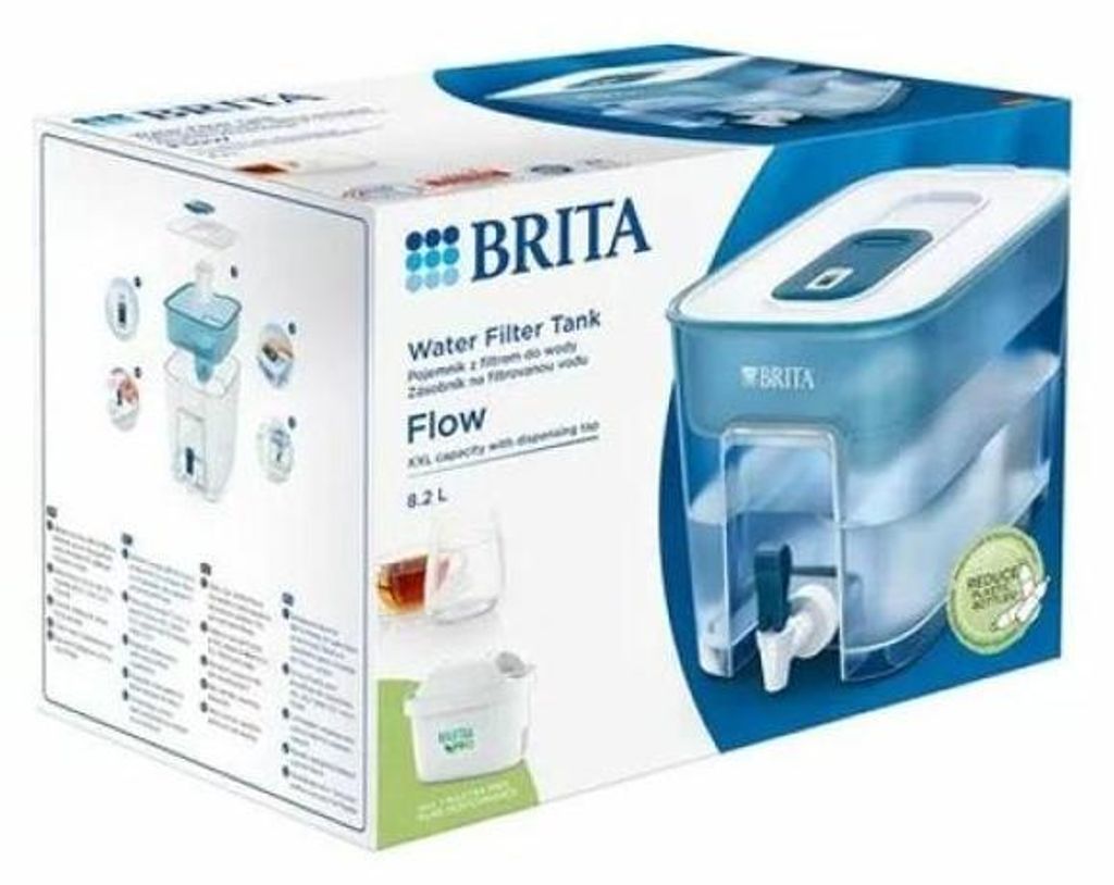 The image shows the packaging of a Brita water filter tank called 'Flow'. The packaging features an illustration of the product and diagrams explaining its assembly and function.