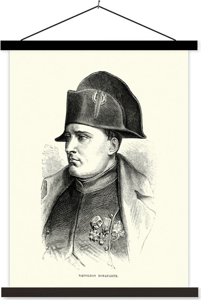 MuchoWow Textilposter Illustration von Napoleon Bonaparte in schwarz-weiß 120x160 cm mit schwarzem Rahmen - Magnetischer