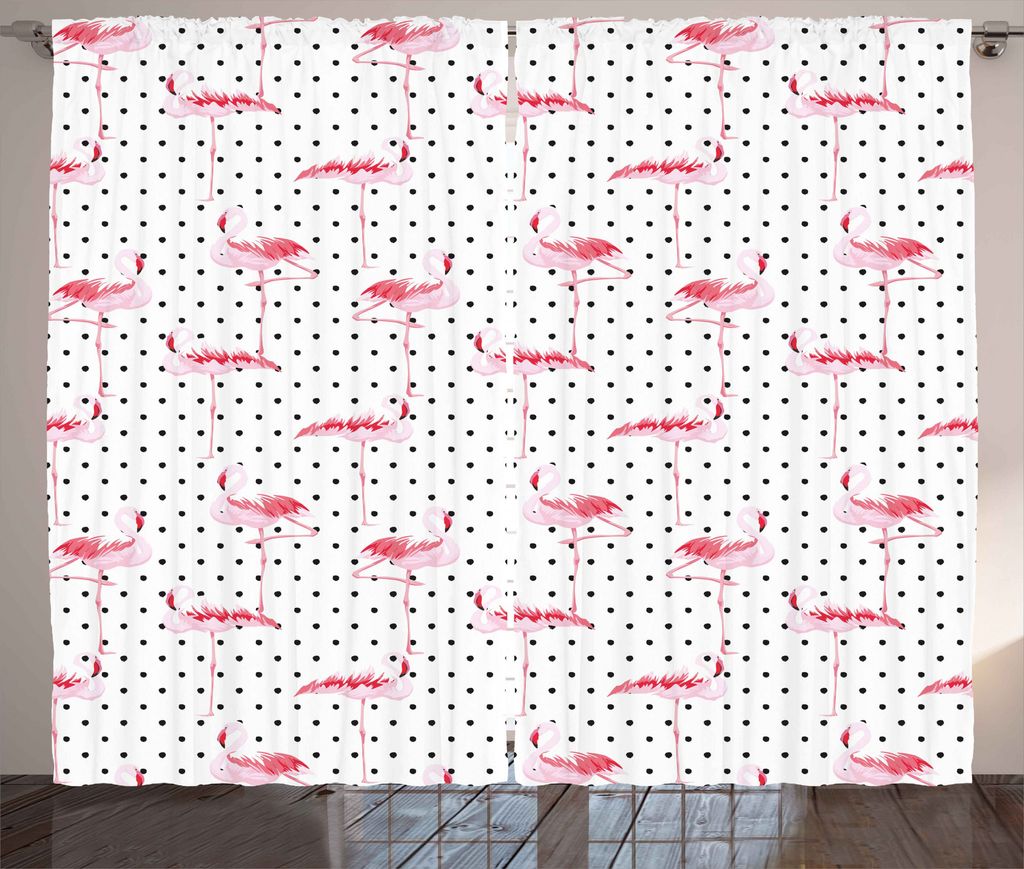 ABAKUHAUS Retro Rustikaler Gardine, Flamingo Vögel Tupfen, Schlafzimmer Kräuselband Vorhang mit Schlaufen und Haken, 280 x 175 cm, Pale Pink Weiß